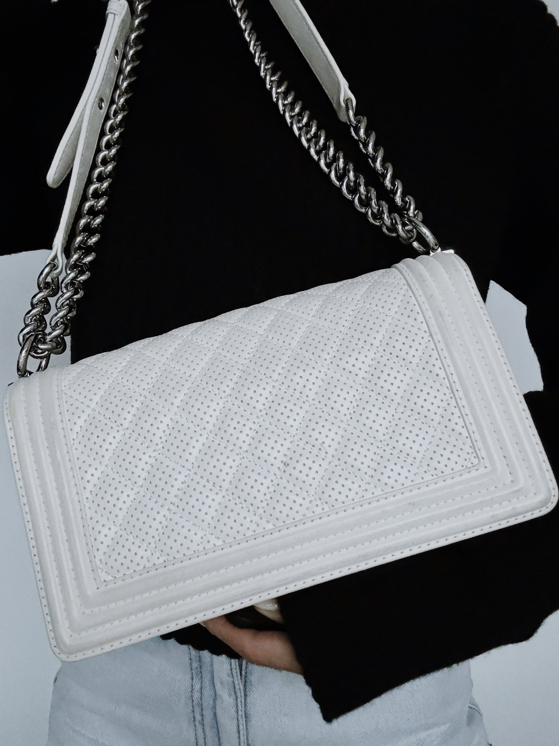 CHANEL Medium Boy Bag in White Perforated Lambskin Leather 4