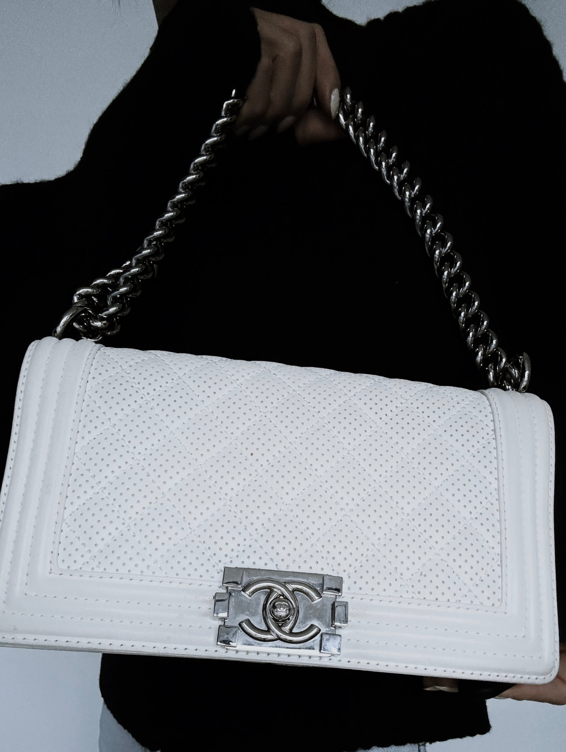CHANEL Medium Boy Bag in White Perforated Lambskin Leather 5