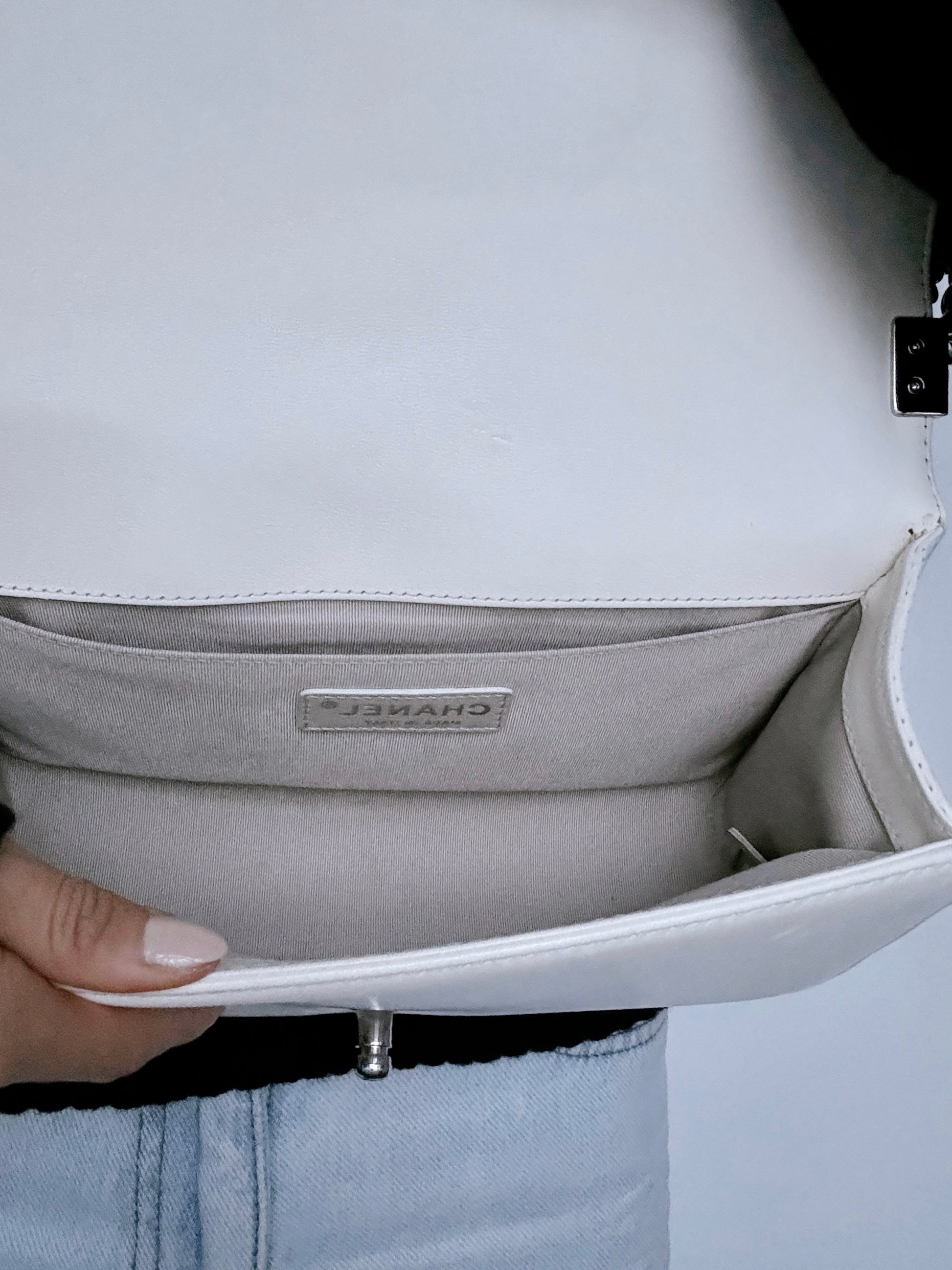 CHANEL Medium Boy Bag in White Perforated Lambskin Leather 7
