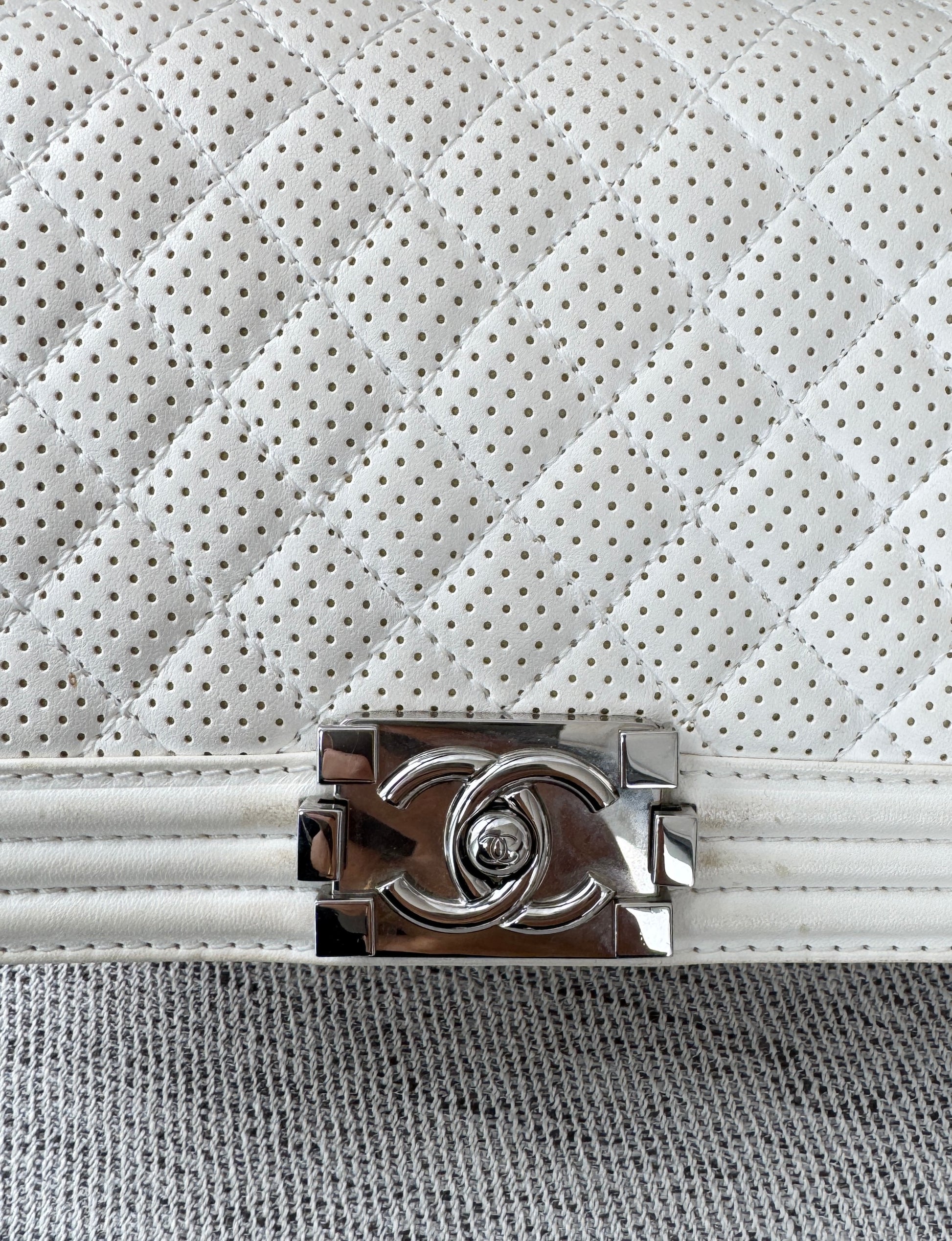 CHANEL Medium Boy Bag in White Perforated Lambskin Leather 