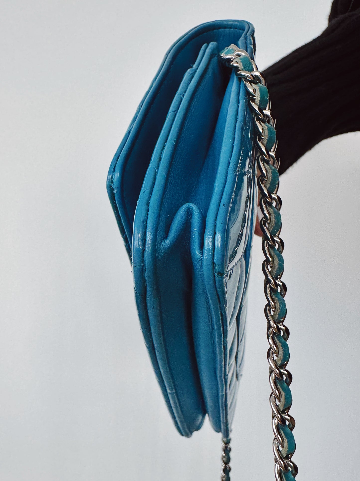 CHANEL Blue Patent Leather Quilted Wallet on Chain (WOC)