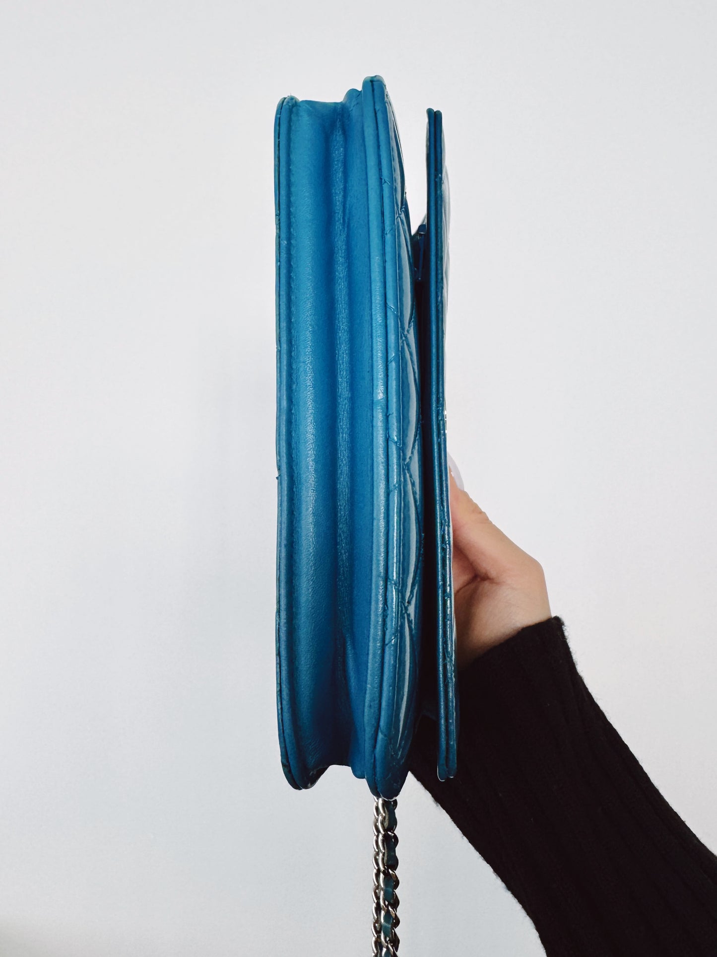 CHANEL Blue Patent Leather Quilted Wallet on Chain (WOC)