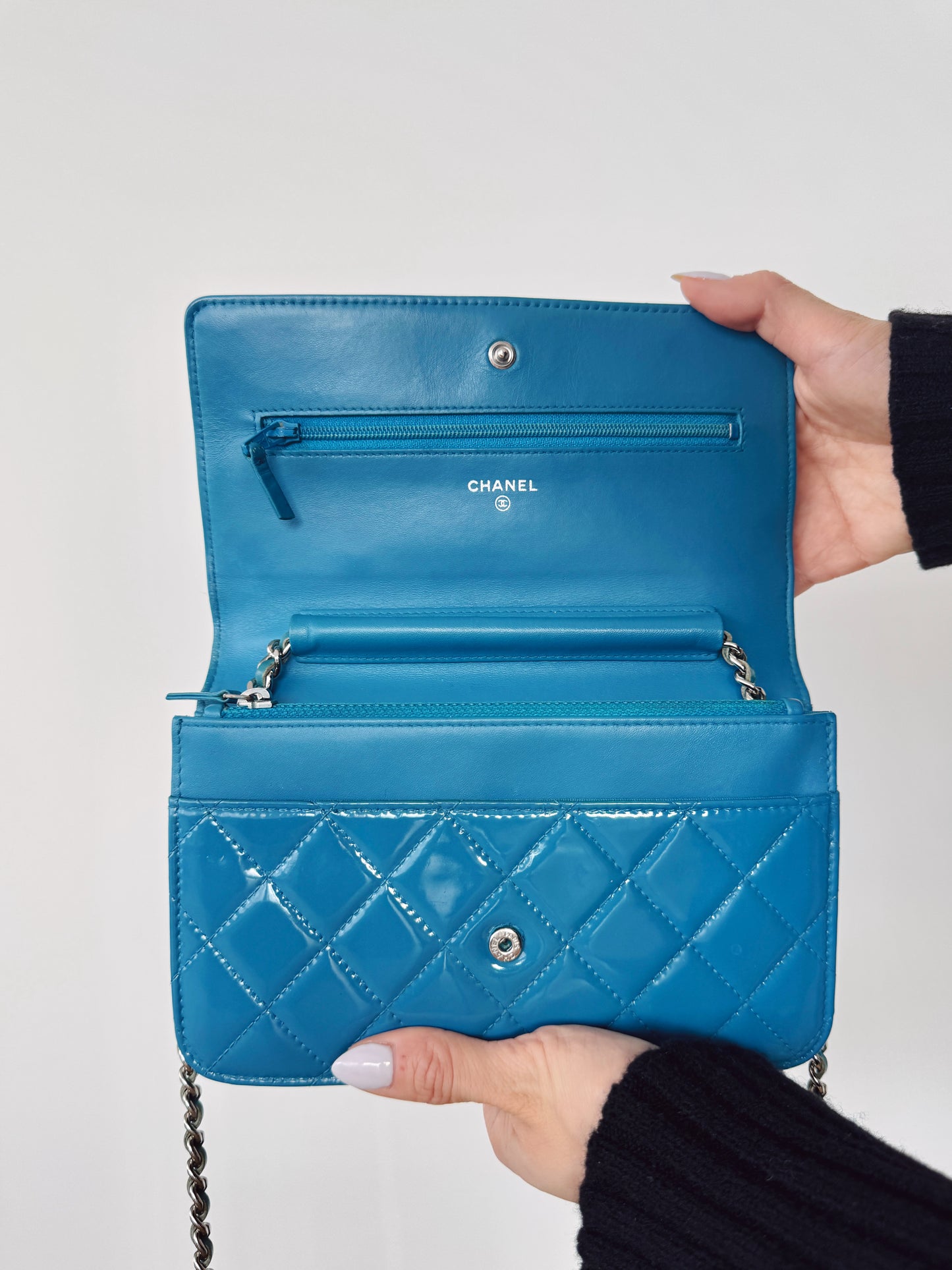 CHANEL Blue Patent Leather Quilted Wallet on Chain (WOC)