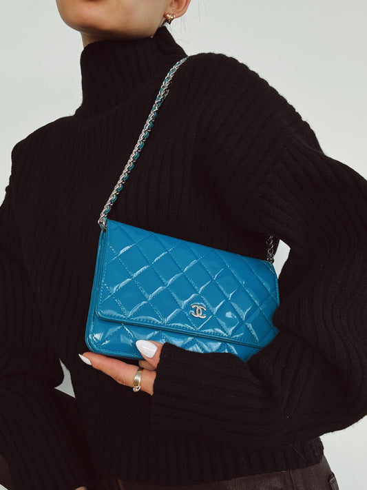 CHANEL Blue Patent Leather Quilted Wallet on Chain (WOC)