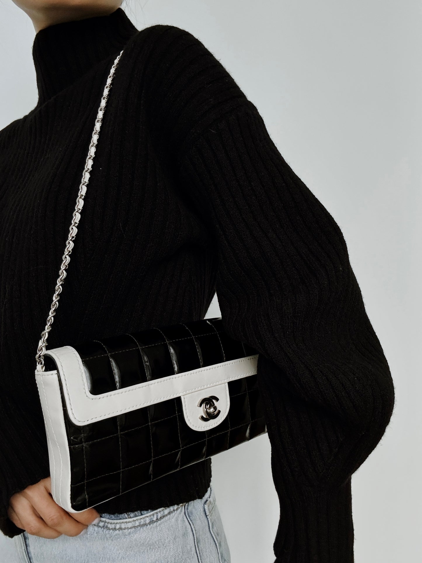 Vintage CHANEL East West Chocolate Bar Patent Leather Bag in Black and White