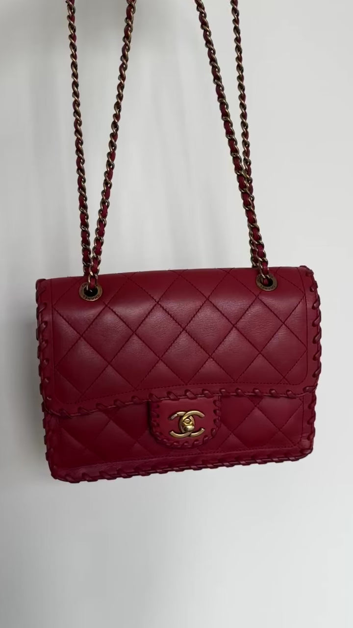 CHANEL Happy Stitch Quilted Red Calfskin Leather Shoulder Bag