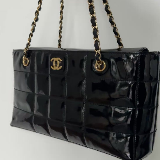 CHANEL Chocolate Bar Black Patent Quilted Leather Bag