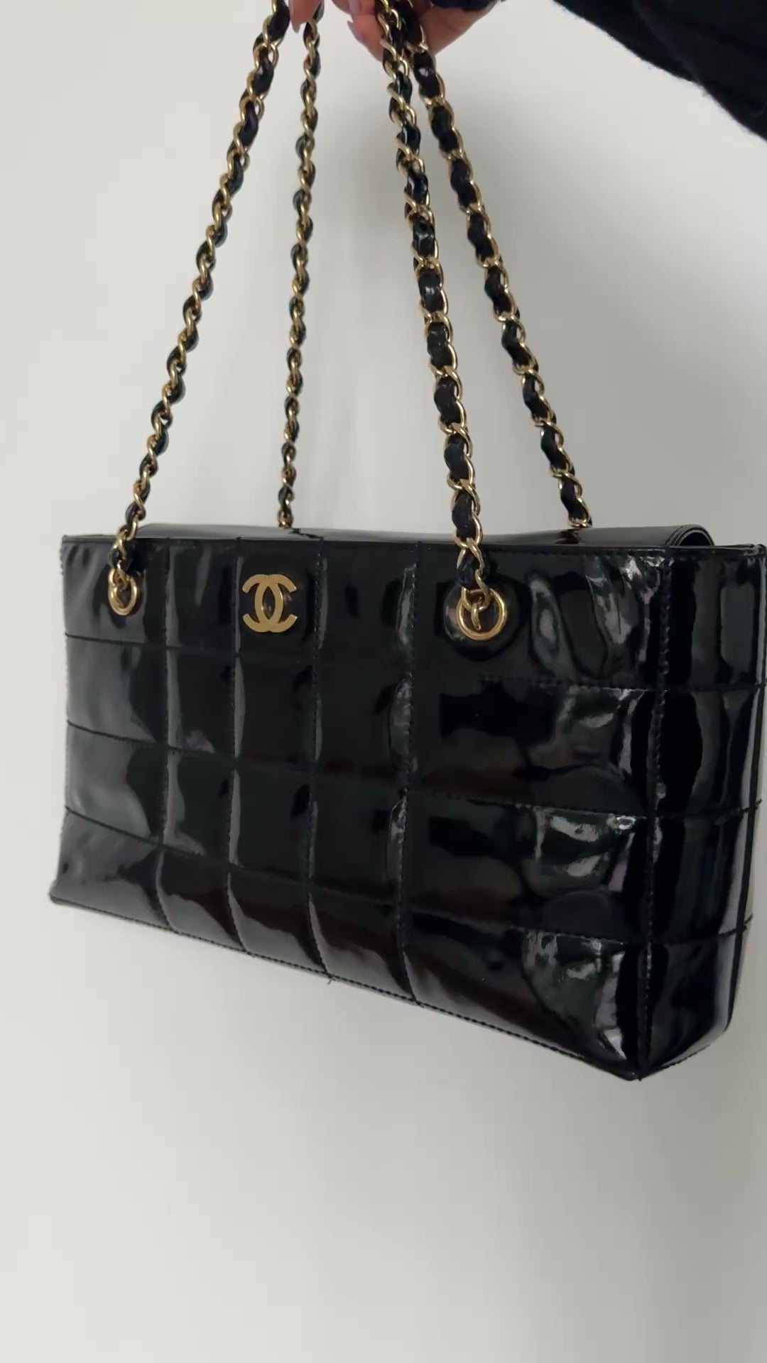 CHANEL Chocolate Bar Black Patent Quilted Leather Bag